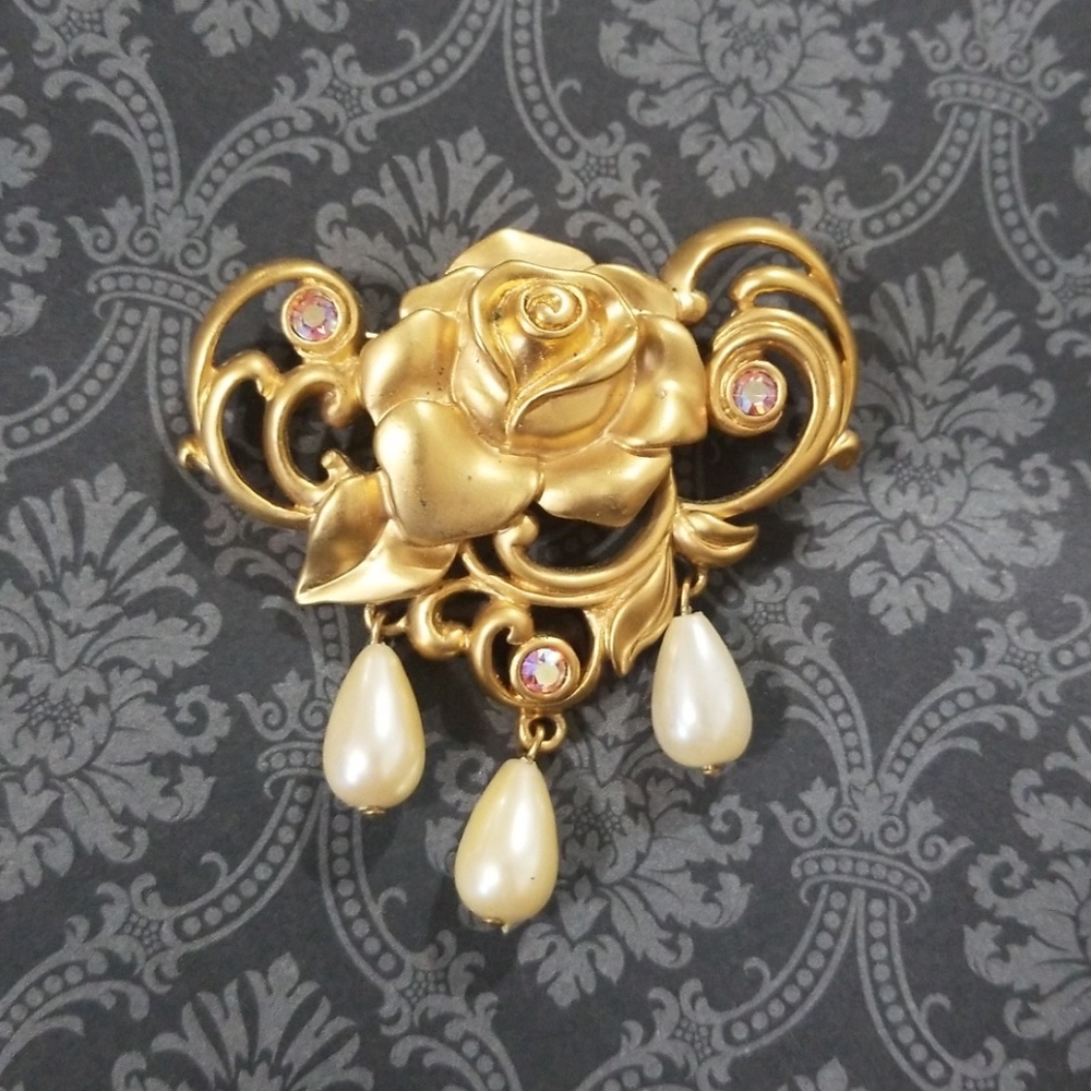Rose Brooch with Pearl Drops and Pink Crystals